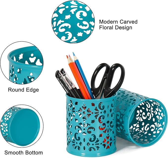 EasyPAG Dark Teal Pen Holder for Desk 2 Pack Metal Pen Holder Organizer Pencil Cup Holder for Home, Office, Classroom, School