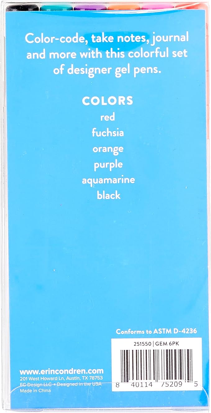 Erin Condren 6-Pack Colorful Gel Pens - Gem Tones -Gel Pen Ink Including Colors Red, Fuchsia, Orange, Purple, Aquamarine, Black and More! Perfect for Coloring and Writing