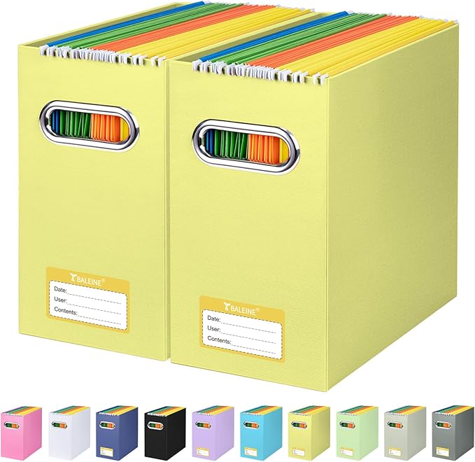 BALEINE File Organizer Box, Cardboard File Folder Organizer with Handle for Letter Size, Portable Collapsible Hanging Filing Box for Home Office Document Storage (2 Pack, Yellow)