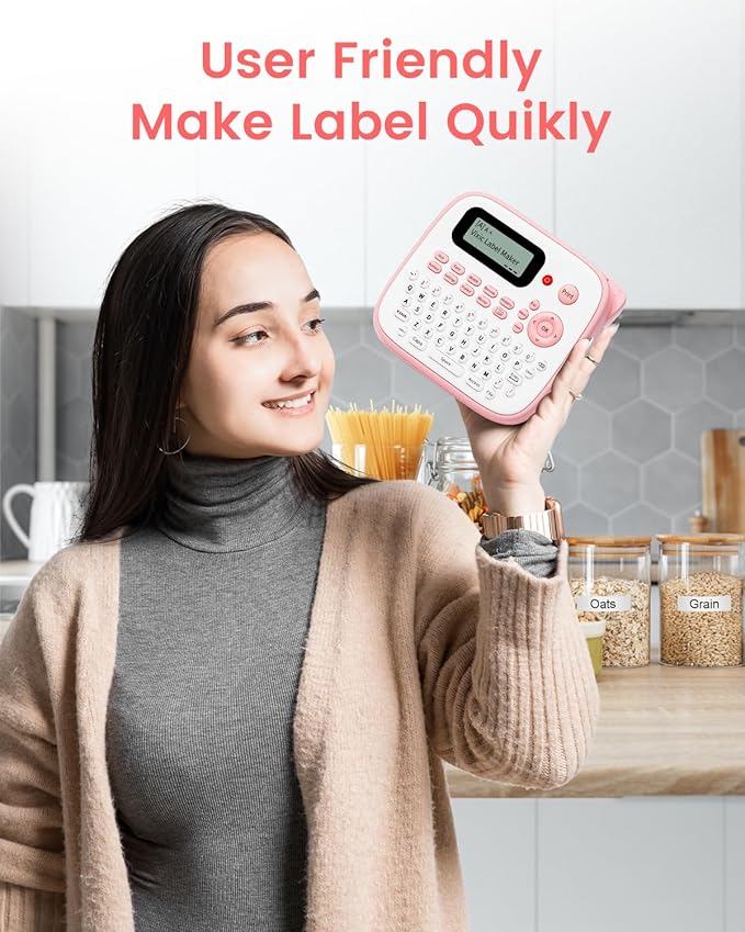 Vixic Pink Label Maker, D210S Label Maker with Tapes Waterproof, Handheld Label Makers Labeler Includes USB-C for Power, Easy-to-Read Screen, Multiple Fonts Icons Frames for Home Office Organization