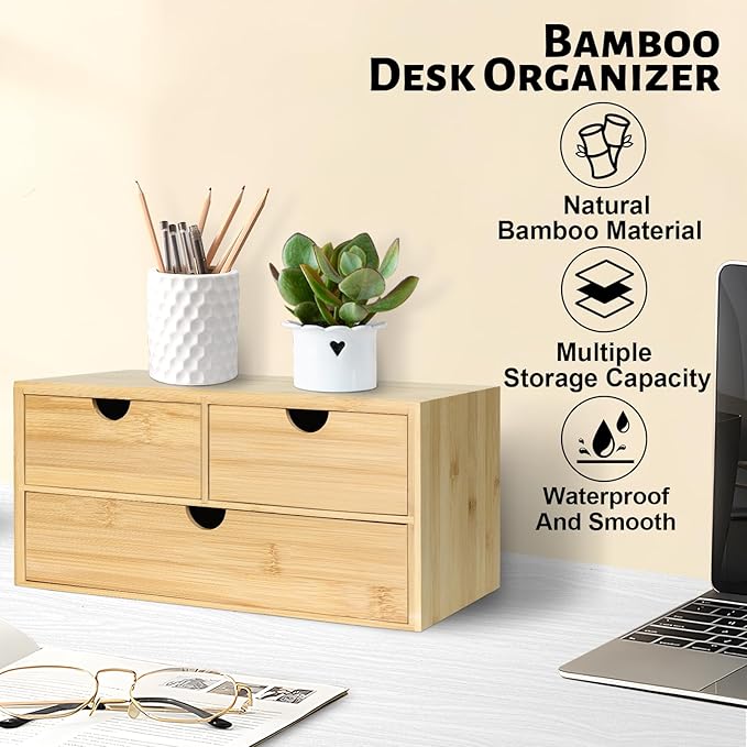 Bamboo Desk Organizer, 3 Drawer Desktop Organizer, Tabletop Storage Organization Box for Bills, Countertop, Home Office Supplies