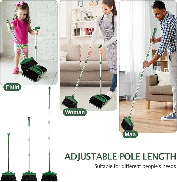 XXFLOWER Broom and Dustpan Set with Long Handle, Light Weight Stainless Steel Poles Stand Upright Dustpans with Broom Combo for Home Kitchen Office Pet Dog Hair, 1-Pack(Black Green)