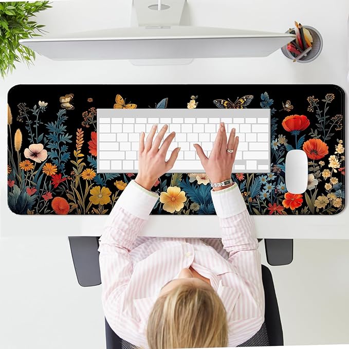 Pretty Butterfly Floral Desk Mat,Large Garden Flowers Plant Gaming Mouse Pad, Computer Keyboard Laptop Mousepad for Work, Game and Office, XL,Black
