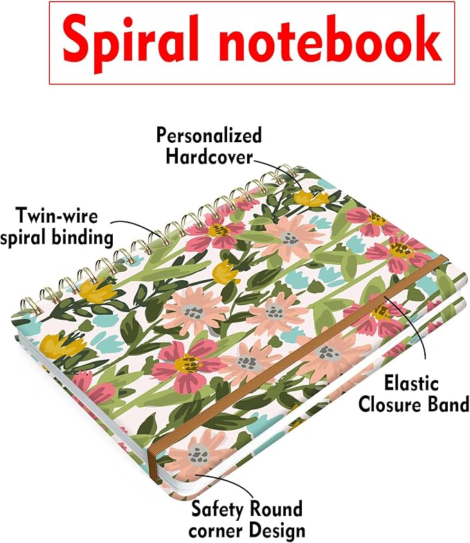 Spiral Journal Notebook for Women, Hardcover A5 College Ruled Notebook, 120 Pages, Thick Paper, Cute Lined Journal for School, Office & Work, 6 x 8.4 in(Meadow Wildflowers)