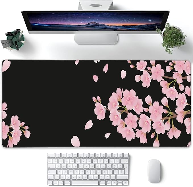 Desk Pad, Pink Cherry Blossoms Extended Large Gaming Mouse Pad for Desk XXL, Large Desk Mat for Desktop with Non-Slip Rubber Base Stitched Edges for Computer Keyboard Home Office 35.4"X15.7"