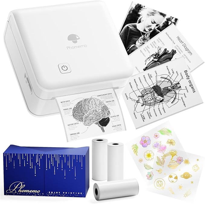 Phomemo Print Pods- Sticker Printer Mini Printer Thermal Sticker Maker Bluetooth Printer for Study Notes, Photos, List, Stickers, Gift, 3 Rolls Paper, White