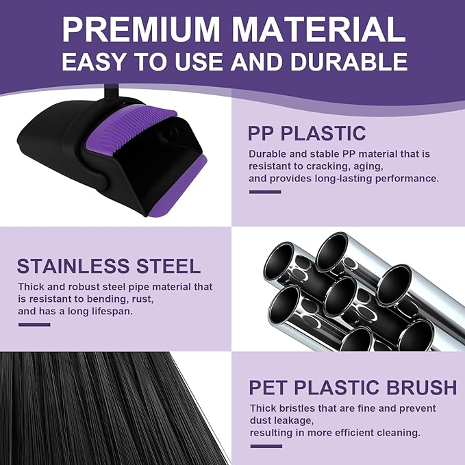 UDUK Broom with Dustpan Combo Set and Silicone Air Broom Kit, 51" Long Handle Floor Squeegee, Purple Household Kit for Glass Window Rugs Pet Hair Home