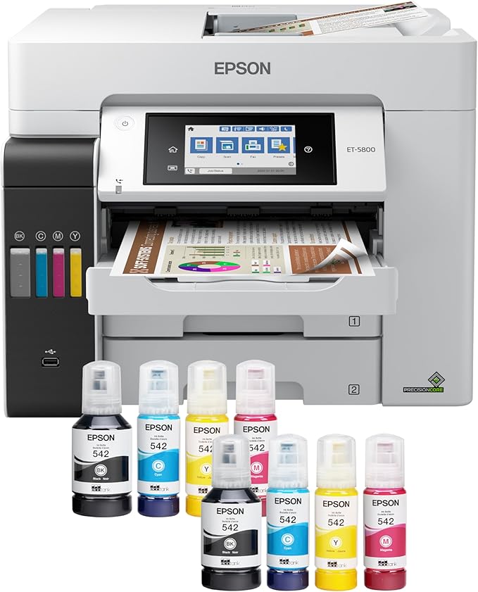 Epson EcoTank Pro ET-5800 Wireless Color All-in-One Supertank Printer with Scanner, Copier, Fax and Ethernet. Full 1-Year Limited Warranty (Renewed Premium), White