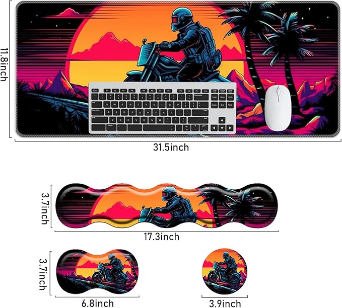 Keyboard Mouse Pad Set,Large Mouse Pad+Keyboard Wrist Rest+Wrist Support+Coaster,31.5x11.8in Extended Desk Mat for Computer Laptop Office Home-Vintage Motorcycle Boy