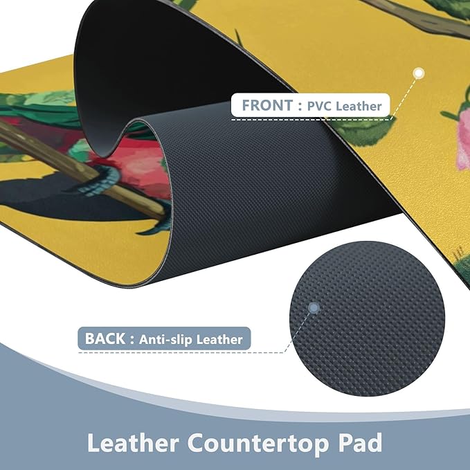 Mouse Pad Desk Mat Leather Desk Pad Large Gaming Desk Cover Protector Mat for Keyboard Computer Laptop Office Waterproof 35.4 x 16.5 Inch Yellow Cactus Parrots and Roses