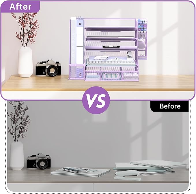 SUPEASY Desk Organizer with File Holder, 5-Tier Mesh Paper Letter Tray Organizer with Pen Holder and Drawer, Desktop Organizer and Storage with 3 Tilted File Sorter for Office Supplies, Purple