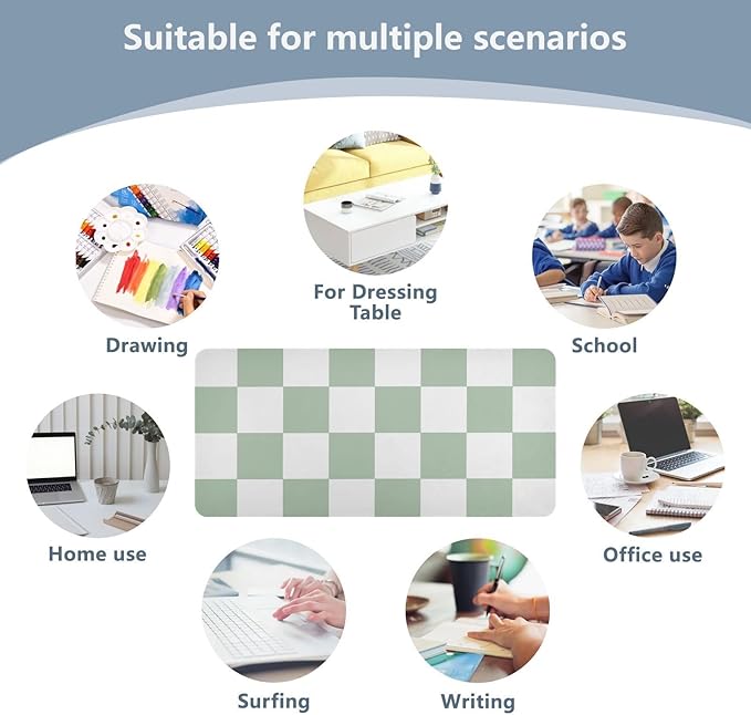 Mouse Pad Desk Mat Leather Desk Pad Large Gaming Desk Cover Protector Mat for Keyboard Computer Laptop Office Waterproof 47.2 x 23.6 Inch Checkered White and Green