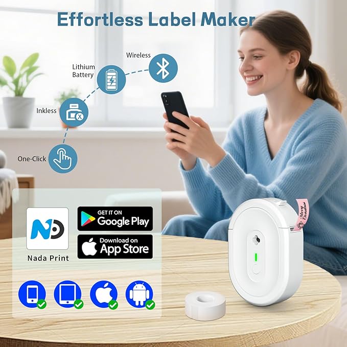 Label Maker Machine with Tape, Portable Bluetooth Label Printer, Wireless Mini Thermal Sticker Printer with Multiple Templates for Home, Kitchen, School Office, Small Business, White