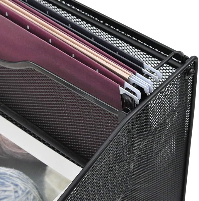 EASEPRES Mesh File Organizer, Desktop Hanging File Holder with 3 Paper Letter Tray and 1 Vertical Upright Compartment, Black