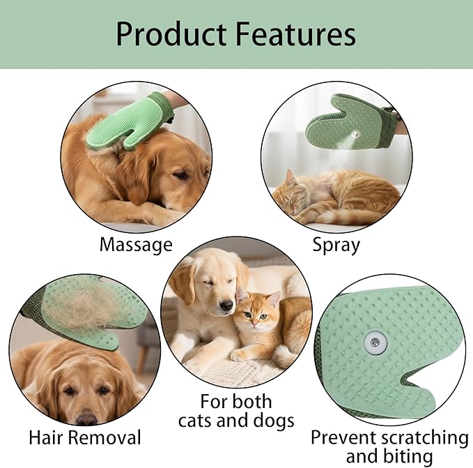 Grooming Mist Pet Hair Remover Gloves,Multi-Functional Grooming Mist Glove for Pets,With Pet Grooming Comb,Suitable for pet grooming,Sofas,Carpets,Car seats,Clothes,Etc