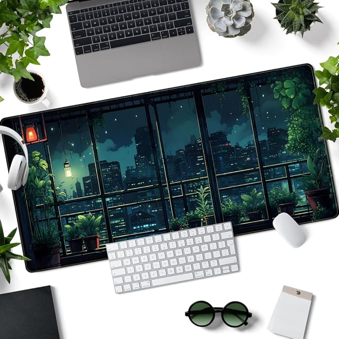 Extended Army Blue Desk Mat Window Plant Bonsai Green Animes Pad Large Mousepad Gaming XL Computer Mat Office Decor for Women Large Desktop Mat Laptop Keyboard Mousepad for Desk 31.5x15.8in