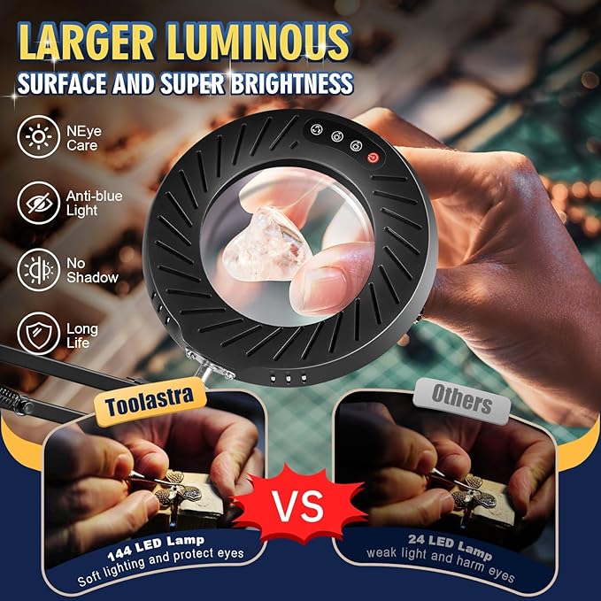 12X Magnifying Glass with Light and Stand, 144 LEDs Brightest Desktop Magnifying Lamp, 10 Dimmable Brightness 5 Color Modes, Hands Free Metal Desk Lamp for Craft Reading Painting Hobby Close Work