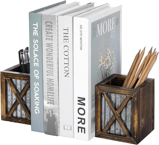 MyGift Rustic Burnt Wood Decorative Bookends with Corrugated Galvanized Metal Accent, Desktop Book Ends with Pen Holder Pencil Cup Stationery Storage Bins for Home Office, Classroom, Dorm Room, 1 Pair