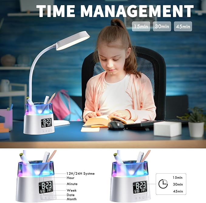 Led Desk Lamp with Pen Holder, Touch Lamps for Nightstand with 3 Color Modes, Eye-Caring Bedside Reading Light with Clock, Office Lamps Stepless Dimming, Lamp for Dorm Room, Suitable for Kid/Girl/Boy