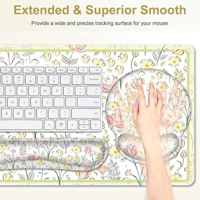 Desk Mat, 4in1 Large Mouse Pad with Wrist Rest, Cute Desk Matt for Desktop, Desk Pad Mat, Anti-Slip XXL Computer Ergonomic Mousepad with Wrist Support for Keyboard and Mouse I Nice Yellow Flowers
