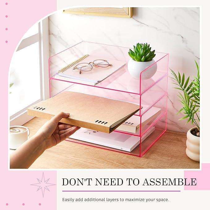 Harloon 4 Tier Acrylic Paper Tray Paper Organizer for Desk Clear File Organizer 12. 4 x 8. 7 x 2. 7 Inches File Tray for Office Workspace Desktop Storage, No Need to Assemble (Transparent Pink)
