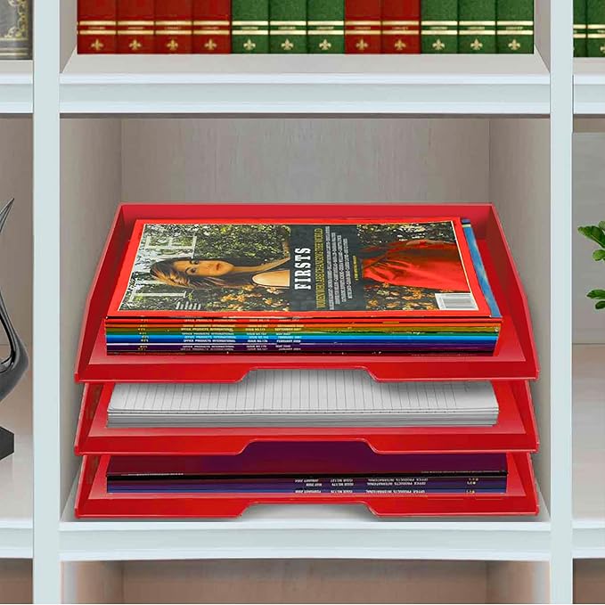 Acrimet Stackable Letter Tray 3 Tier Side Load, Plastic, Desktop File Organizer (Solid Red Color)
