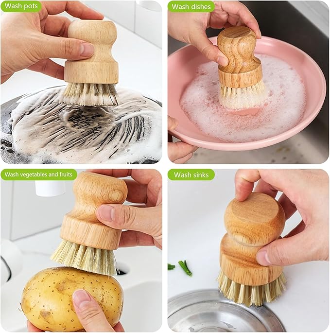 Natural Wooden Dish Brush，Kitchen Bamboo Scrub Brush for Dishes，2 Pack (Style-B, Large)