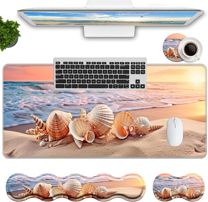 Keyboard Mouse Pad Set,Large Mouse Pad+Keyboard Wrist Rest+Wrist Support+Coaster,31.5x11.8in Extended Desk Mat for Computer Laptop Office Home-Sandy Beach Shell