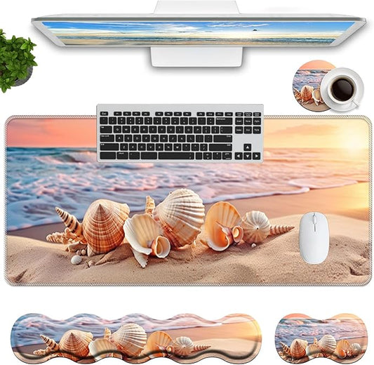Keyboard Mouse Pad Set,Large Mouse Pad+Keyboard Wrist Rest+Wrist Support+Coaster,31.5x11.8in Extended Desk Mat for Computer Laptop Office Home-Sandy Beach Shell