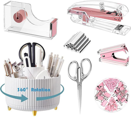 Desk Organizers and Accessories 7Pcs Set with 360-Degree Rotating Pen Holder, Acrylic Stapler, Tape Holder, Staple Remover, Binder/Paper Clips Kit, Scissor and 1 Box of Staples (White and Pink)