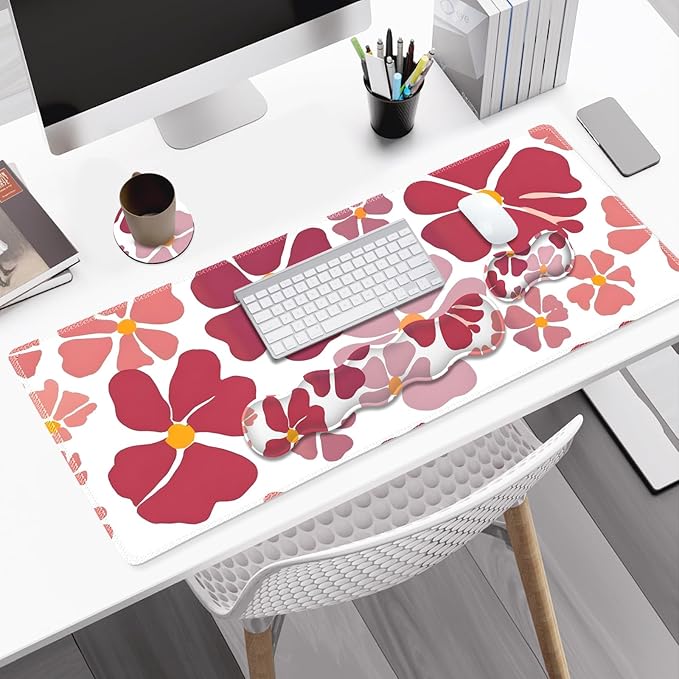 Desk Mat Gaming Mouse Pad, Cute Desk Matt Keyboard Wrist Rest for Desktop, Anti-Slip Mousepad w/Stitched Edges, XXL Large Mouse Pad with Wrist Support for Desk Computer I Burgundy Lucky Flower