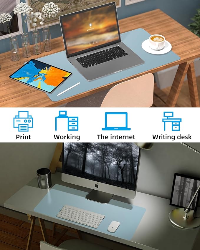 Non-Slip Desk mat,PULeather Desk Pad Protector, Office Desk Mat, Large Mouse Pad,Desk Blotter, Laptop Desk Pad, Waterproof Desk Writing Pad for Office and Home (Light Blue, 35.4" x 17")