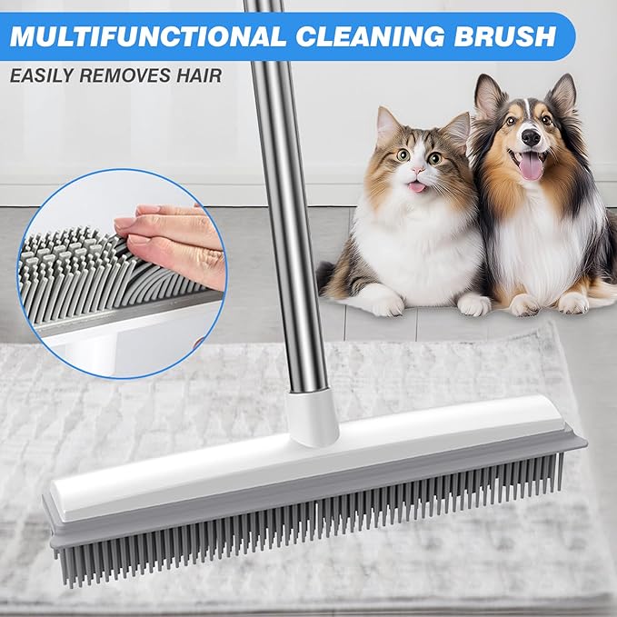 Rubber Broom with Built in Squeegee, Carpet Rake for Pet Hair Removal, Fur Remover Broom with 51" Adjustable Long Handle, Soft Push Broom for Carpet, Hardwood Floor, Tile