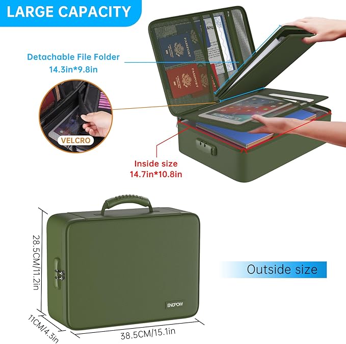 ENGPOW 5200℉ Fireproof File Organizer Bag with 13 Pocket Accordion File Folder,Document Organizer Box with Lock&Labels,Multi-Layer Portable Home Travel Safe Storage for Important Documents,Green