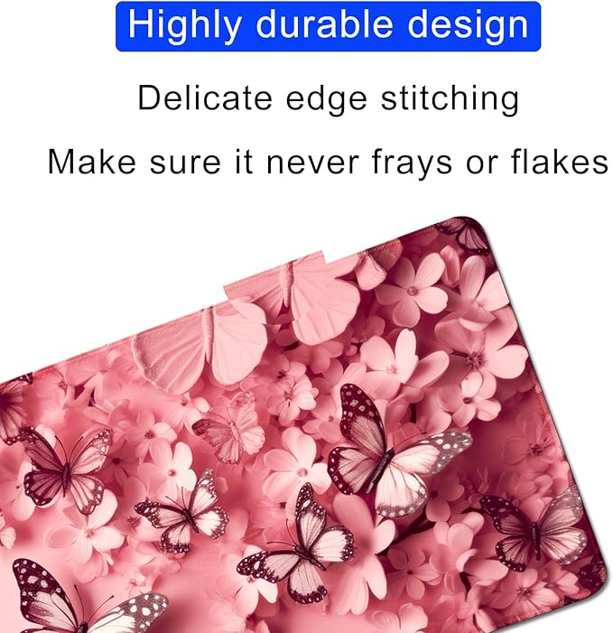 Pink Mouse Pad Desk Mat,Butterfly Large Mouse Pads Desk Pad,Long Mouse Pad Gaming Mousepad Mouse Mat with Stitched Edge - Non-Slip Rubber Base for Office Computer Keyboard Laptop