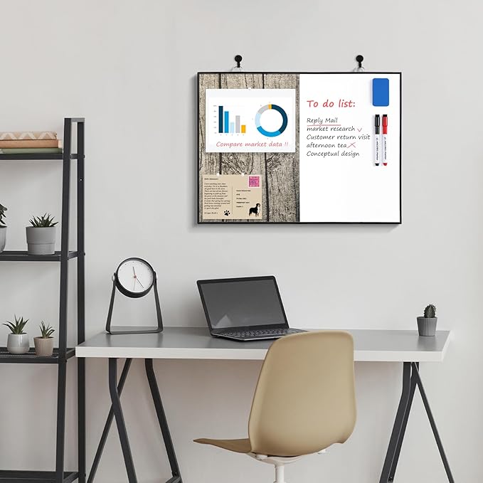 ARCOBIS Cork Board White Board Combo, 24"X18" Linen Bulletin Board Whiteboard for Wall, Double-Sided Magnetic Dry Erase Corkboard for Home, Office, School, Rustic Grey