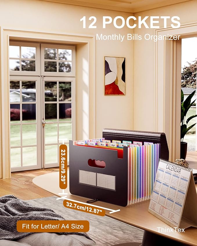 ThinkTex Accordion File Organizer, 12 Pockets Monthly Bill Receipt Organizer, Portable Expanding File Folders, Multi-Color Tabs, Letter/A4 Size - 3 Packs