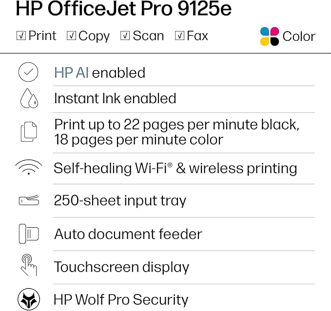 HP OfficeJet Pro 9125e Wireless All-in-One Color Inkjet Printer, Print, scan, copy, fax, ADF, Duplex printing best-for-office, 3 month Instant Ink trial included, AI-enabled (403X0A)