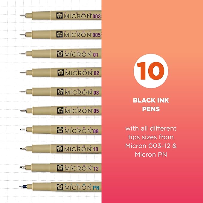 SAKURA Pigma Micron Fineliner Pens - Archival Black Ink Pens - for Writing, Drawing, or Journaling - Assorted Point Sizes - 10 Pack