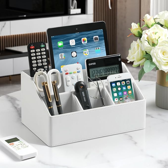PU Leather Desk Organizer, Luxury Remote Control Holder for Home, Office Desk Accessories Table Caddy Bedside Nightstand Organizer (White)