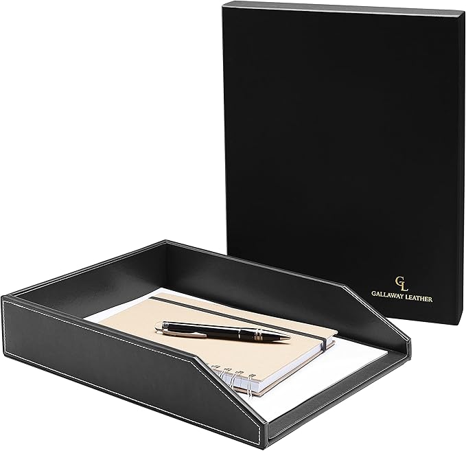 Gallaway Leather Letter Tray Organizer - PU Leather Desk Tray, Perfect for Office Organization, Document Holder Fits A4 Paper, Stackable Drawers for Extra Storage (Black)