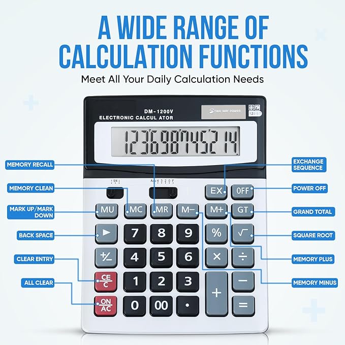 Desktop Calculator with Extra Large LCD Display - 12-Digit, Big Buttons, Dual Solar and Battery Power for Office, Financial, School and Home Use (Holifeos)