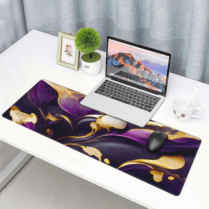 Desk Pad,Office Desk Mat 31.5"×11.8" Large Gaming Mouse Pad,Extended Computer Mouse Pad,Waterproof Thick Big Mouse Pads with Non-Slip Rubber Base Office Home Purple Gold Marble Flower