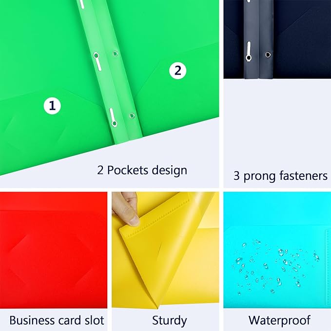 30 Pack Plastic Folders With 2 Pockets, Colorful Letter Size File Folders With Prongs and Business Card Slots for School Office