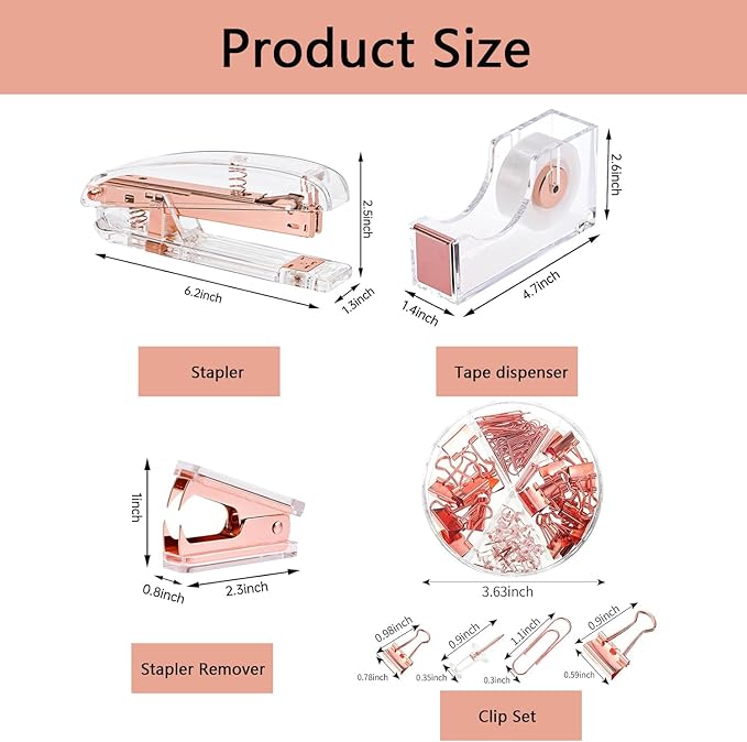 Office Supplies,Desk Accessories,with Stapler,Tape Dispenser,Staple Remover,Scissor,Ballpoint Pen,Clear Tape,Staples,Binder,Best Gift Set(Rose Gold)