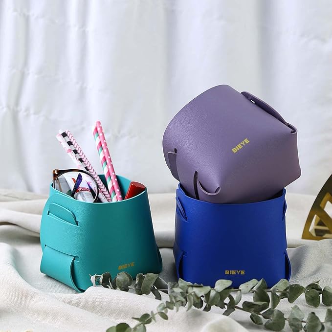 Bieye LSB007 Collapsible Leather Storage Bin Decorative Desk Organizer for Jewelry Makeup Pen Pencil Glasses Remote Controller Storage (Sapphire Blue, 4" WX4 LX4 H)