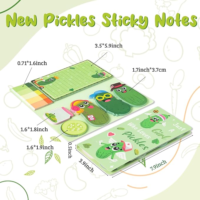 B1ykin Sticky Notes Set, Cartoon Theme Cute Self-Stick Notes Pad Teacher Appreciation Gifts， Self-Adhesive Writing Memo Pages Sticky to Do Notepad for Kids Employee School Office (Funny Pickles)