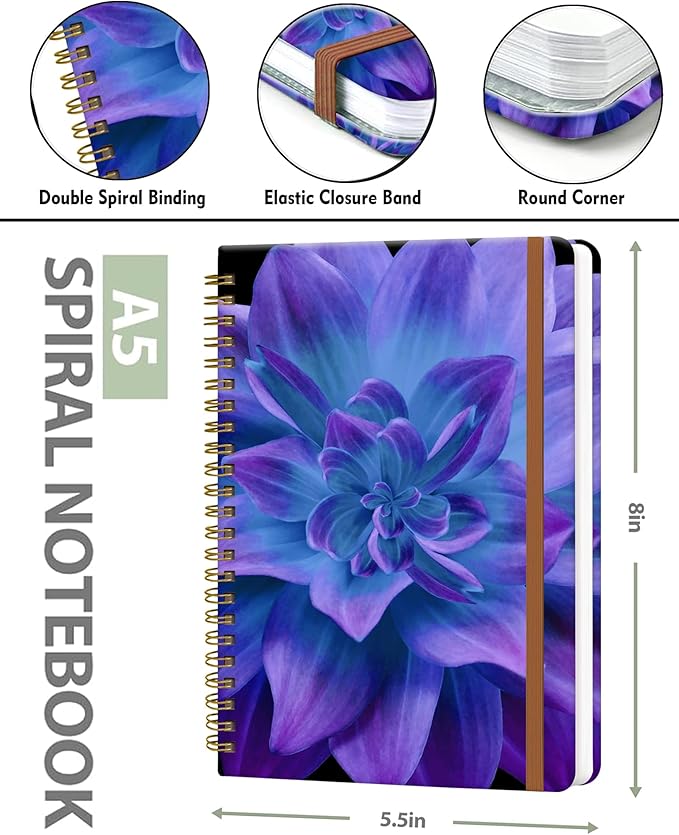 Spiral Journal Notebook for Women, Hardcover A5 College Ruled Notebook, 120 Pages, Thick Paper, Cute Lined Journal for School, Office & Work, 6 x 8.4 in(Purple Blue Dahlia Flower)