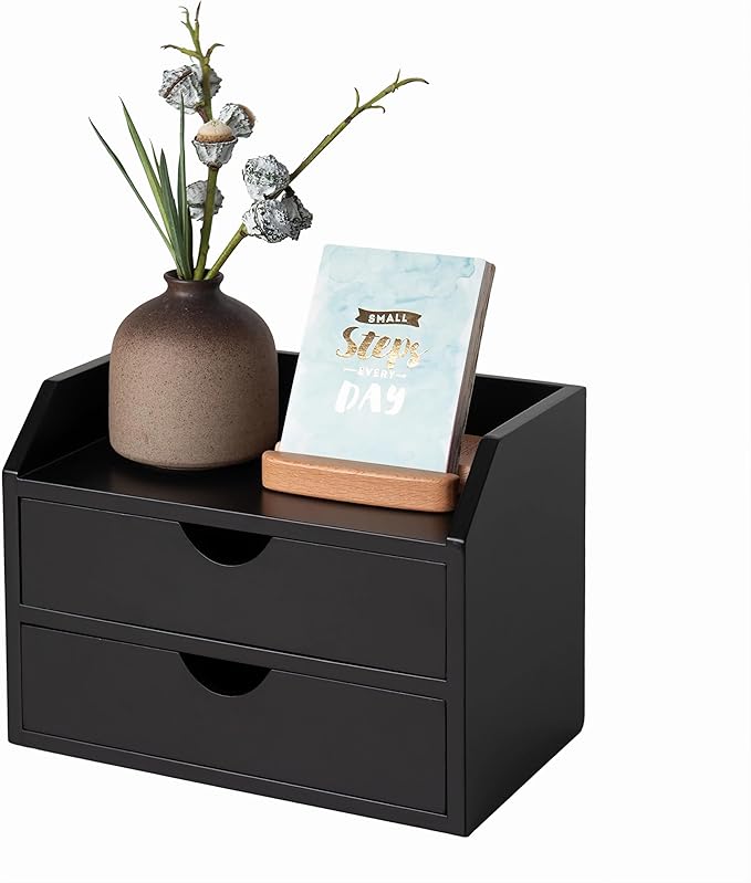 ROSE BLOOM Black Wood Desk Organizer with 2 Drawer, Mini Cute Cabinet with Storage Shelf for Tabletop, Small Desktop Box Organizer for Cosmetic Office Supplies