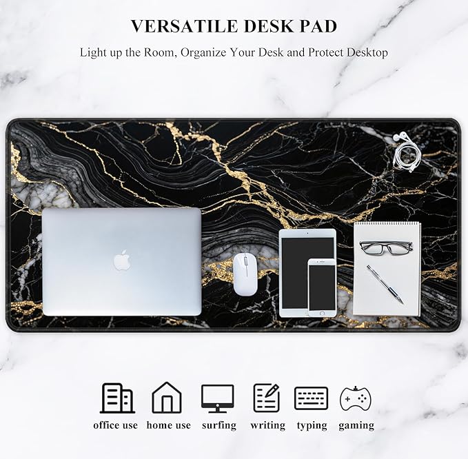 Auhoahsil Desk Mat, Ultra Large Mouse Pad, XXL Gaming Mousepad, Pretty Desk Pad, Big Extended Full Size Desktop Desk Matt for Keyboard, Laptop & Computer, 35.5 x 15.7 in, Black Marble